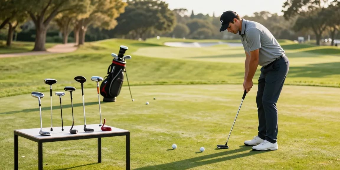 Praktik putting dengan putter terbaru di https://puttperfection.com/putter-reviews pada lapangan golf hijau yang indah.