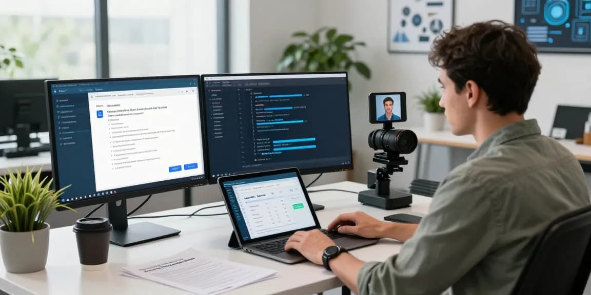 Expert developer working on an age verification system interface in a modern office.