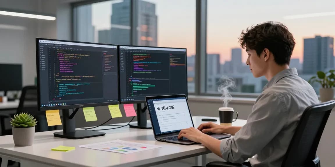 Developer coding on 纸飞机中文版 in a modern workspace with vibrant monitors and city view.