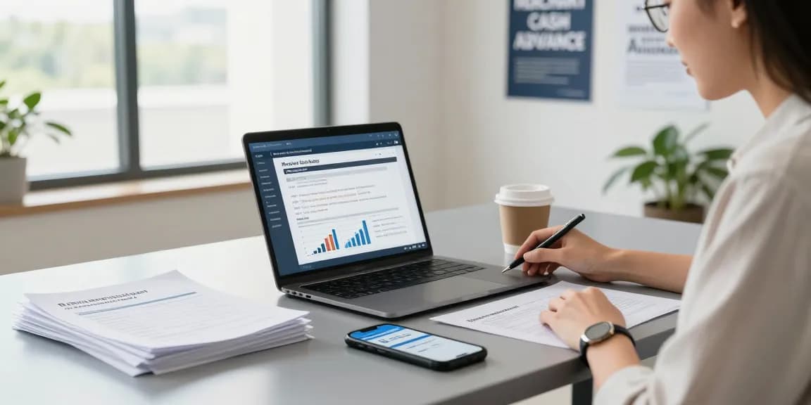 Apply for merchant cash advance in a professional workspace with financial documents and motivational atmosphere.