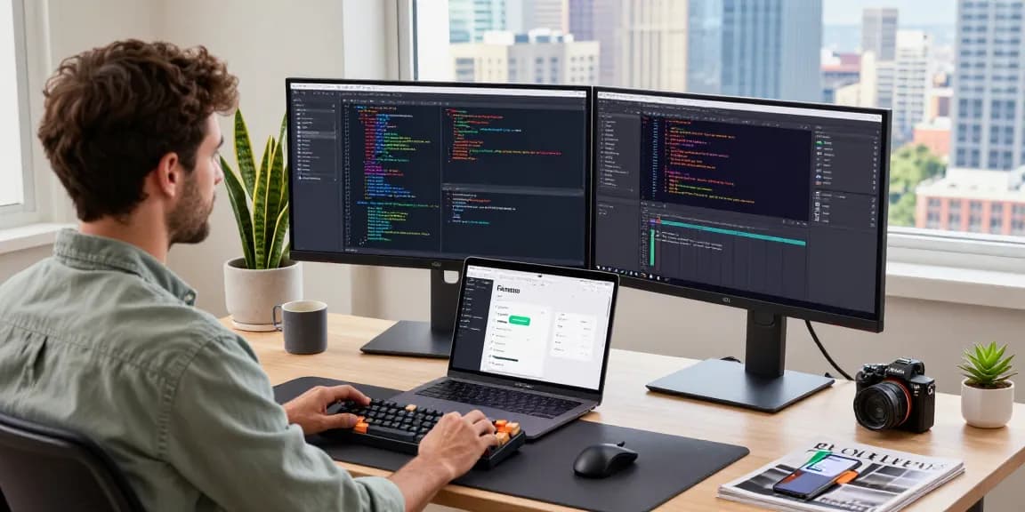 快连 technology workspace scene featuring a developer coding at a modern desk