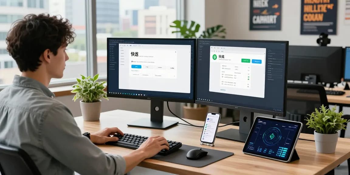 快连 app interface displayed on dual monitors in a modern tech workspace with a developer, inspiring productivity.