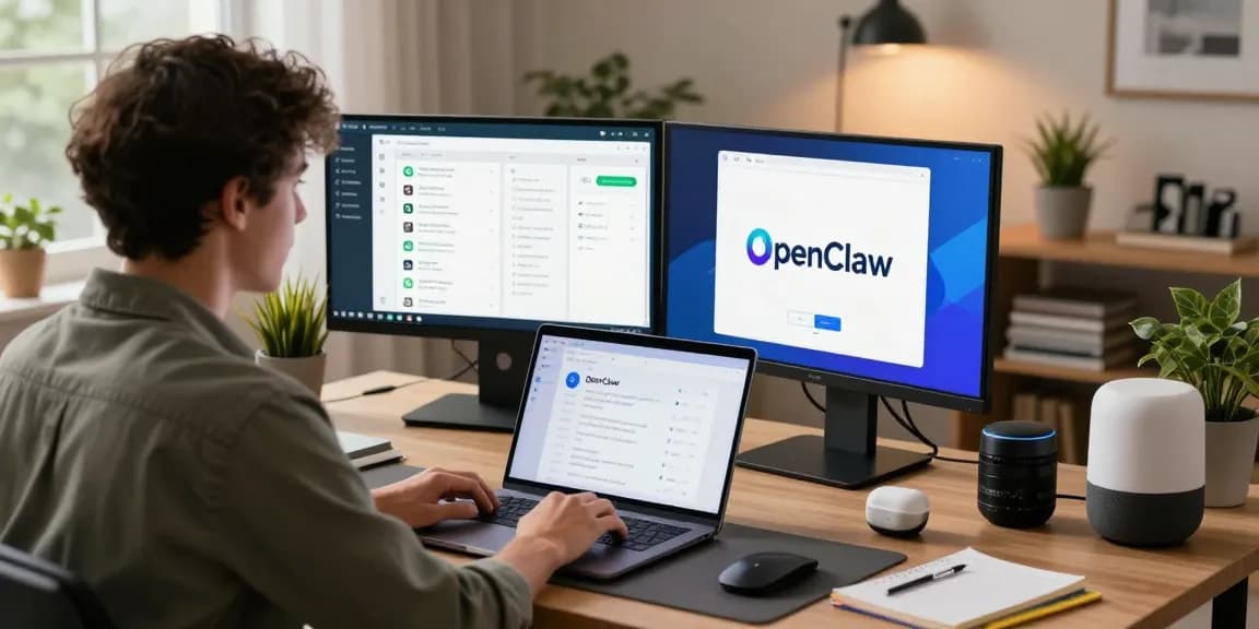 OpenClaw personal AI assistant setup in a modern workspace, user interacting with messaging platforms and automation tools.