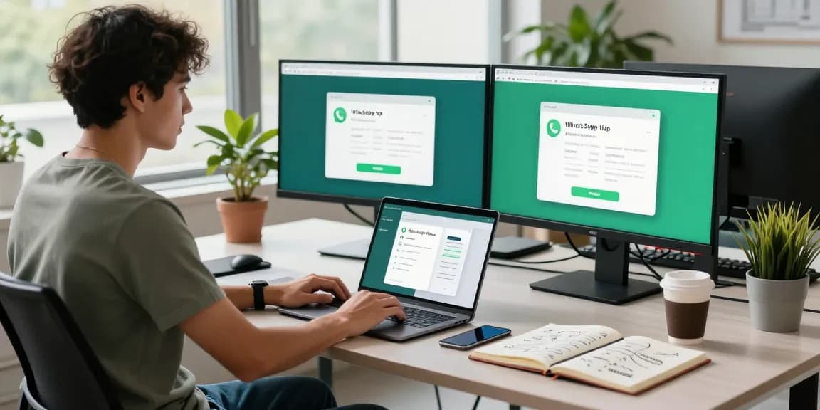 Developer using WhatsApp網頁版 on dual monitors in a bright office.