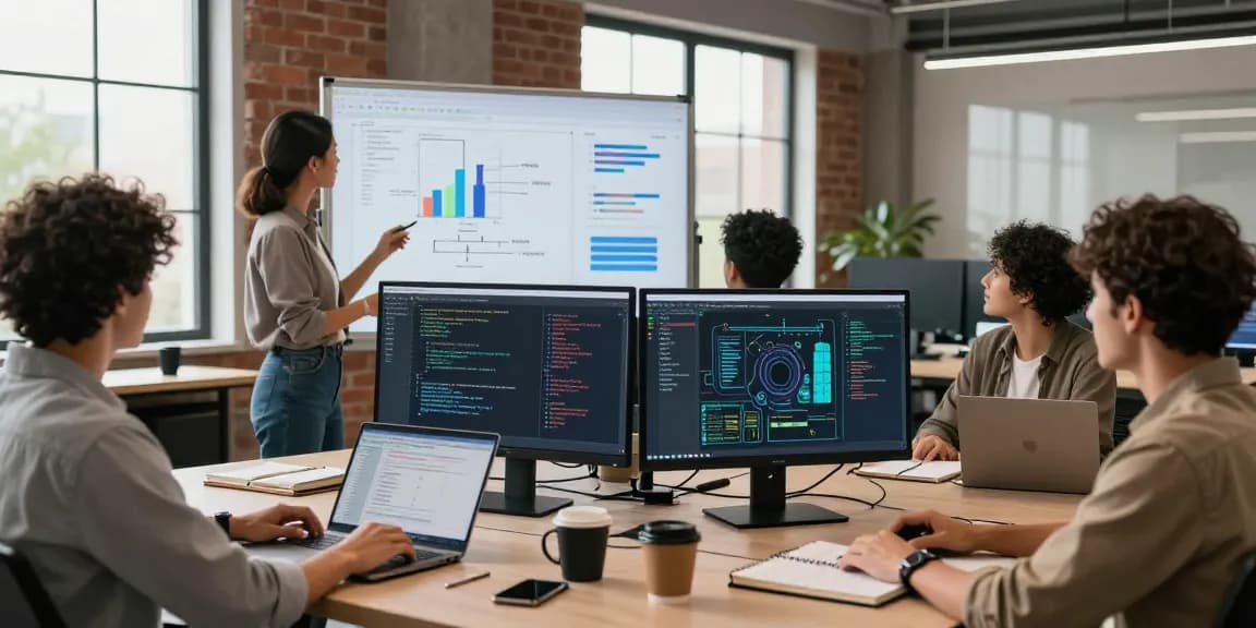 A diverse team collaborating on AI automation projects in a tech workspace, showcasing innovation and teamwork.