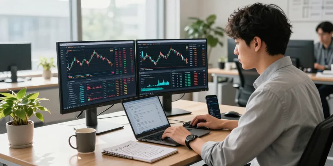 Real-time multi-ticker Japan stock API data displayed on screens in a modern office.