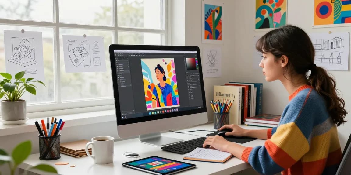 Graphic designer engaging with Nano Banana 2 AI image editor in a vibrant creative workspace.