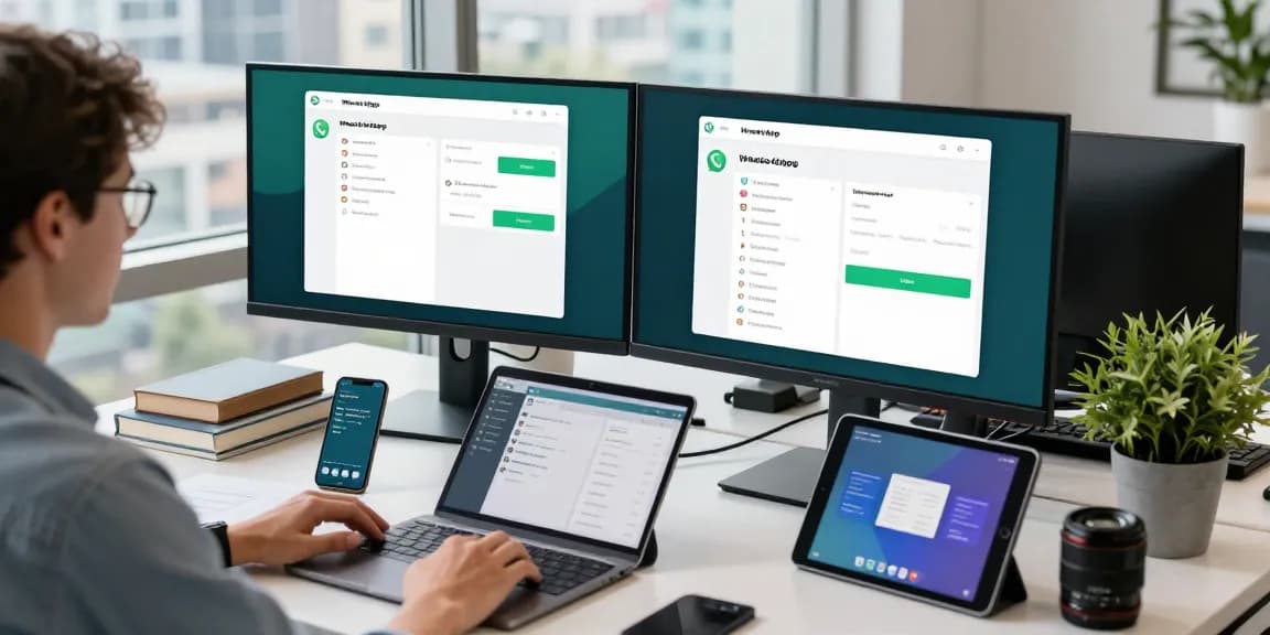 Using WhatsApp網頁版 on dual screens with modern tech setup at office desk