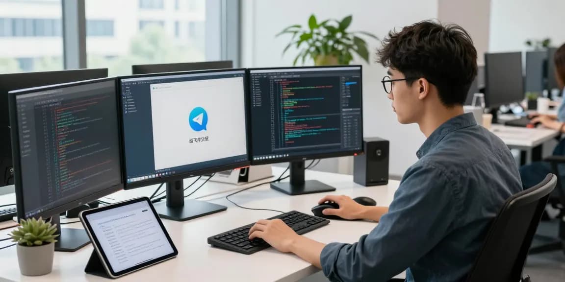 Developer coding the Telegram app (纸飞机中文版) in a modern workspace with dual monitors and natural light.