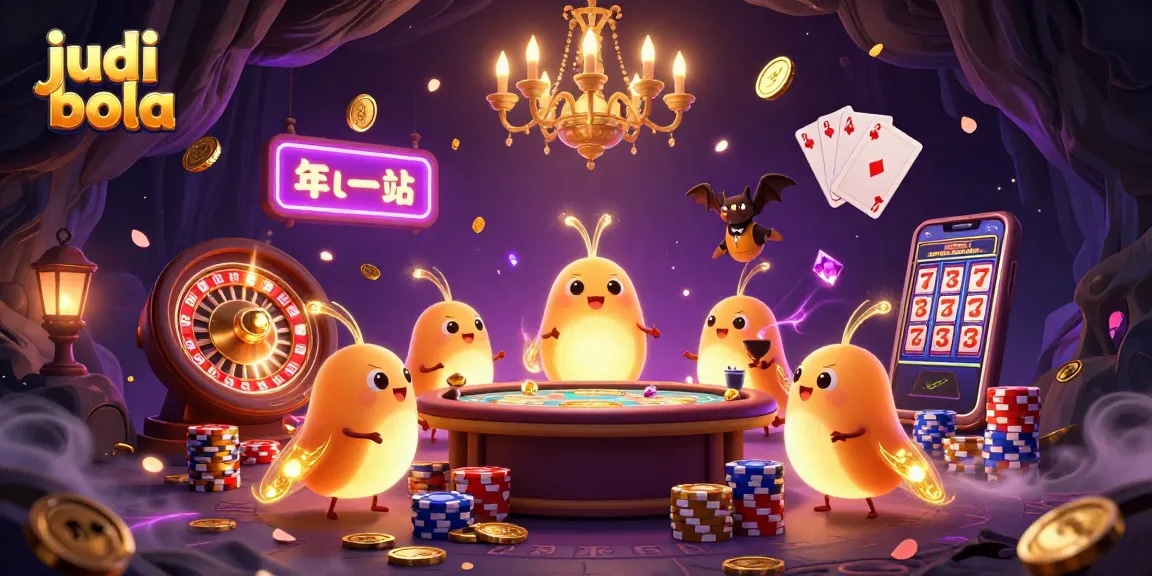 Experience exciting judi bola action with a vibrant cave casino scene filled with glowing characters and lively gaming elements.