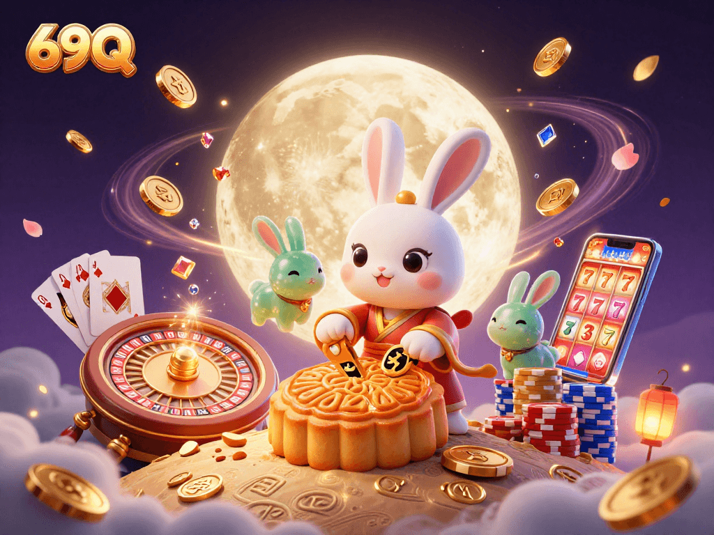 Ganhe no 69Q com a ilustração vibrante de coelhos na lua, moedas e jogos de cassino.