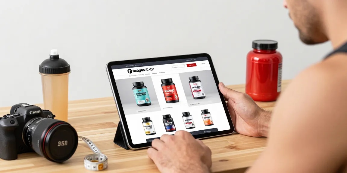 Beligas Shop showcasing high-quality anabolic steroids on a tablet with fitness gear in a bright e-commerce setting.