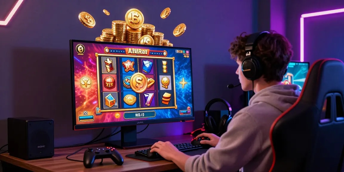 Engaging scene showing a player enjoying an online slot game with info slot features highlighted, surrounded by virtual coins and bonus symbols.