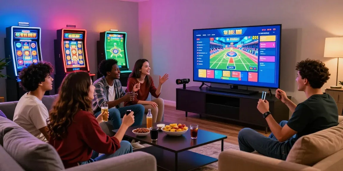 Close friends enjoying 鉅城 online gaming experience in a cozy living room with vibrant screens and snacks.