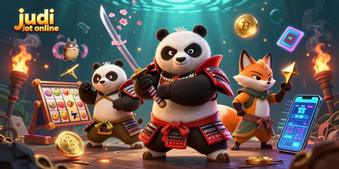 Permainan judi slot online dengan panda samurai dan ninja rubah dalam ilustrasi 3D yang dinamis.
