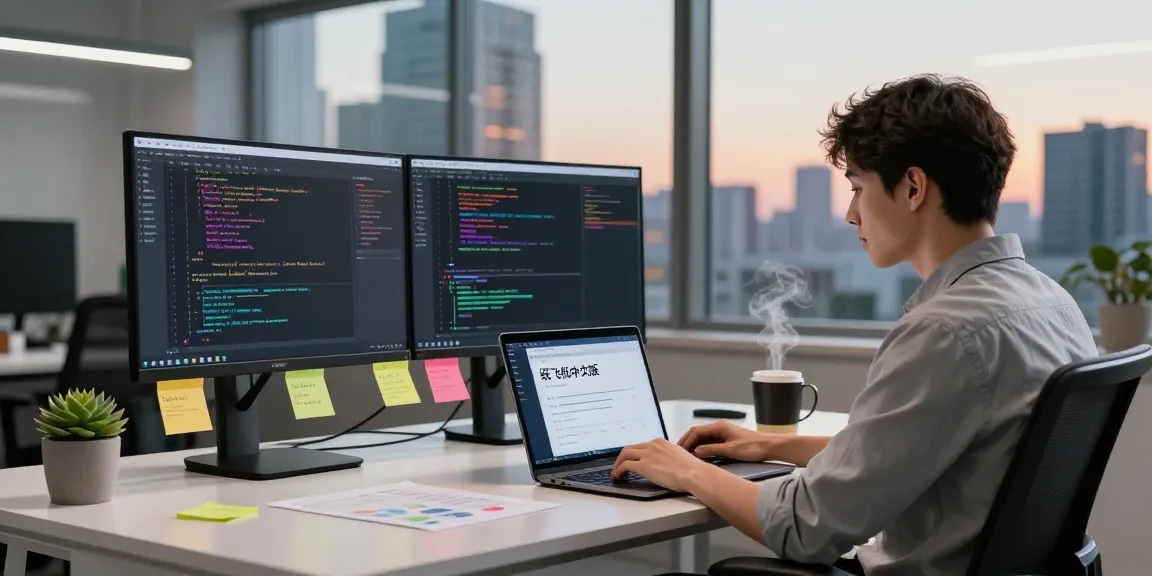 Developer coding on 纸飞机中文版 in a modern workspace with vibrant monitors and city view.