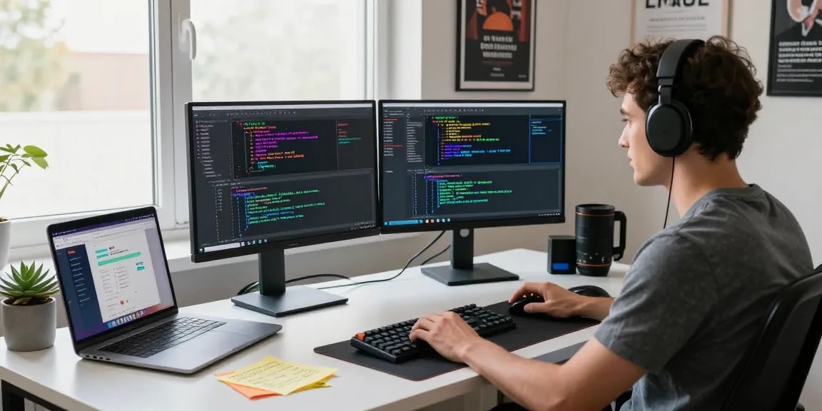 Innovative software developer coding on dual monitors in a tech workspace, exploring kecak4d applications.