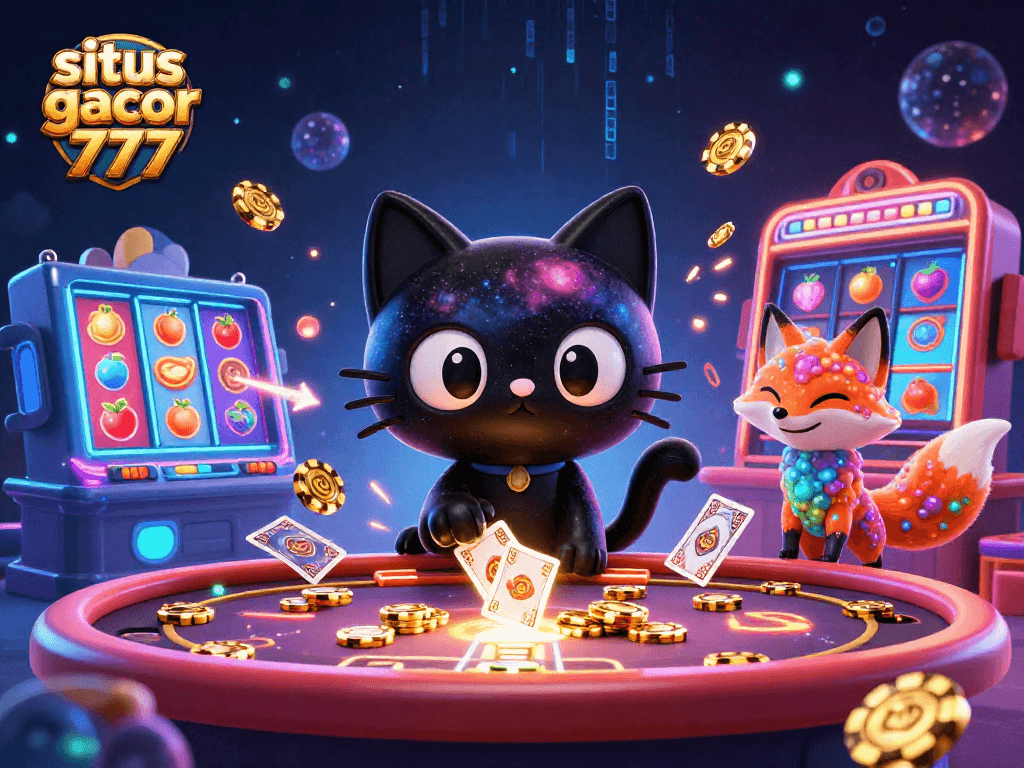 Win big with situs slot gacor 777 in this captivating cosmic casino illustration filled with vibrant gaming elements.