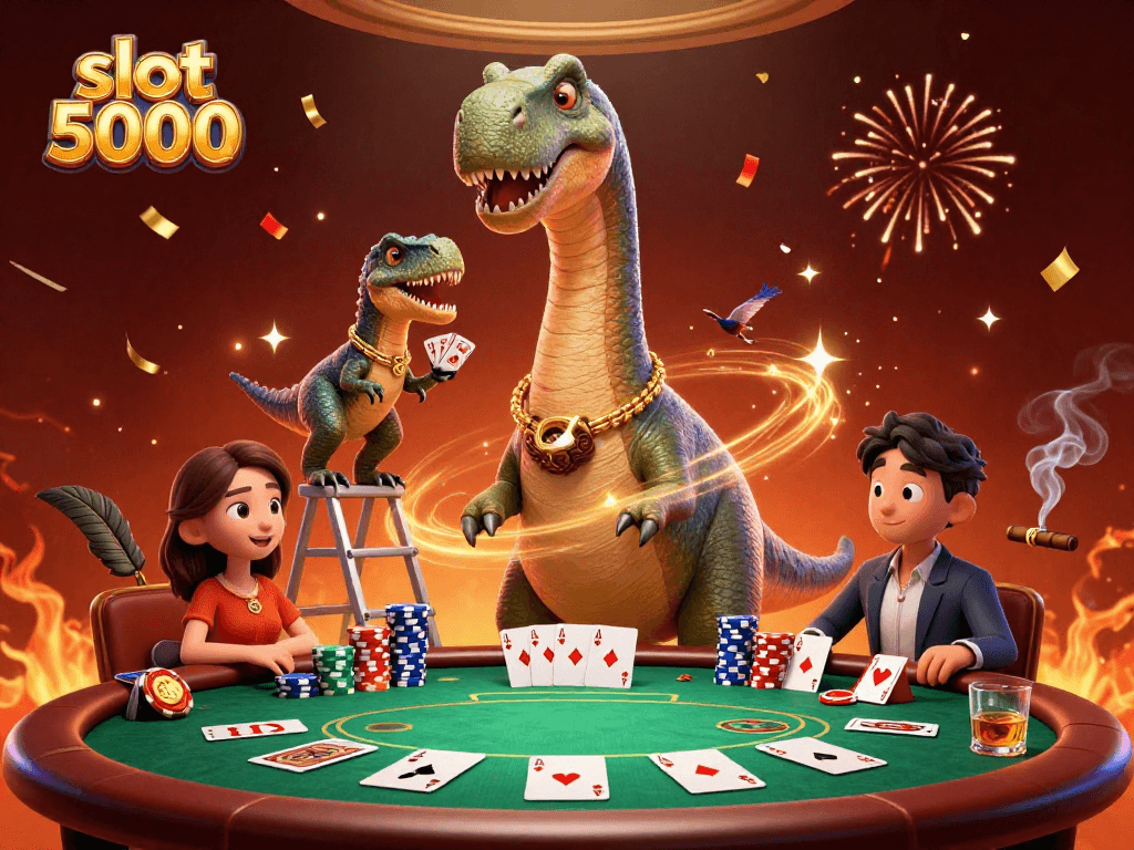 Experience the excitement of slot 5000 with a lively illustration featuring a giant brontosaurus and raptor in a casino setting.