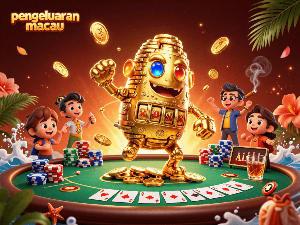 Engage with the latest pengeluaran macau trends through this vibrant 3D casino scene featuring a golden golem.