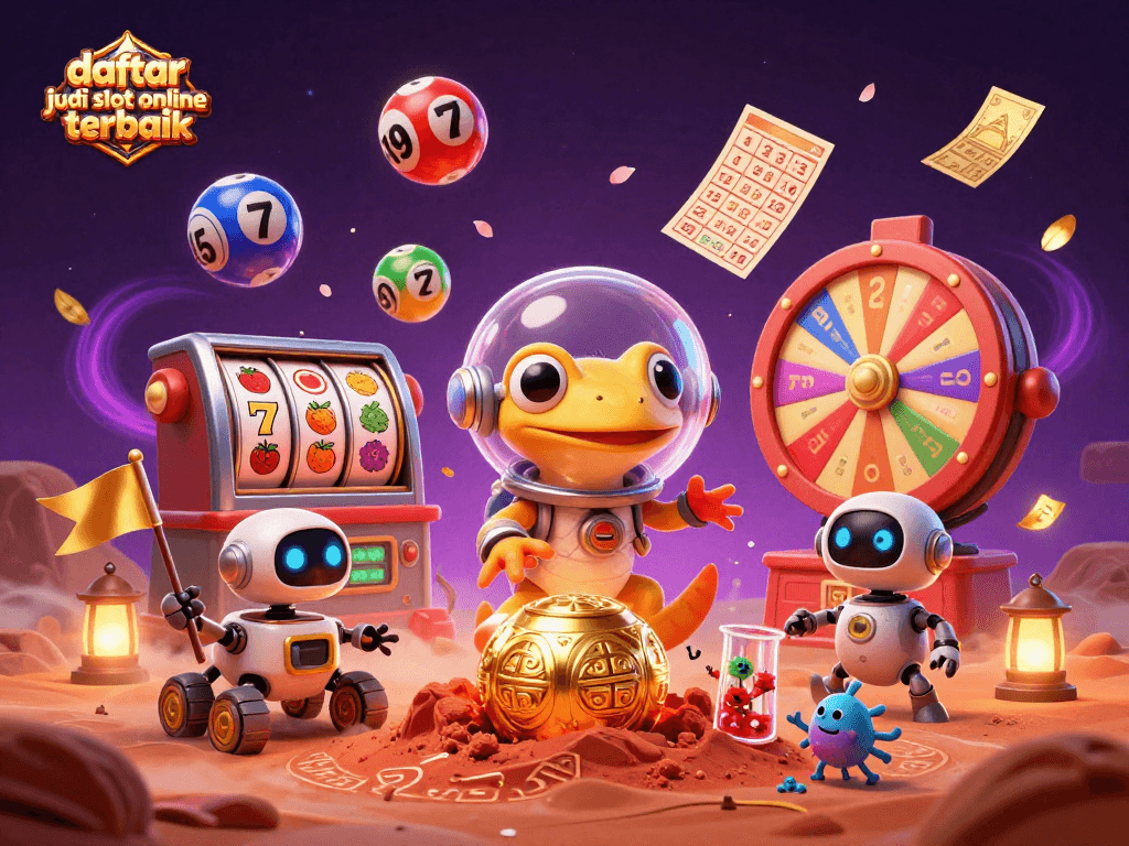 Daftar situs judi slot online terbaik menggambarkan gecko luar angkasa dan robot dengan elemen kasino.