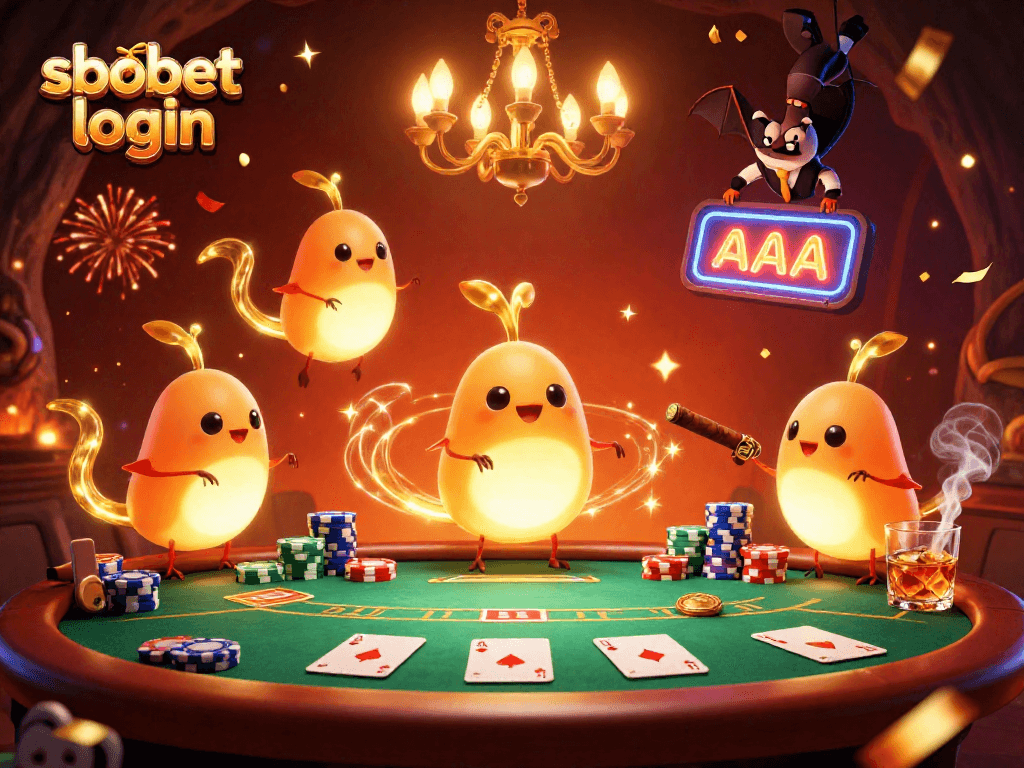 Experience sbobet login in a captivating 3D cartoon casino scene with vibrant glowworms lighting up the action.