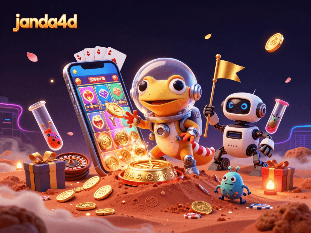 Janda4d menghadirkan pengalaman kasino online dengan gecko Martian dan robot dalam ilustrasi 3D yang menarik.