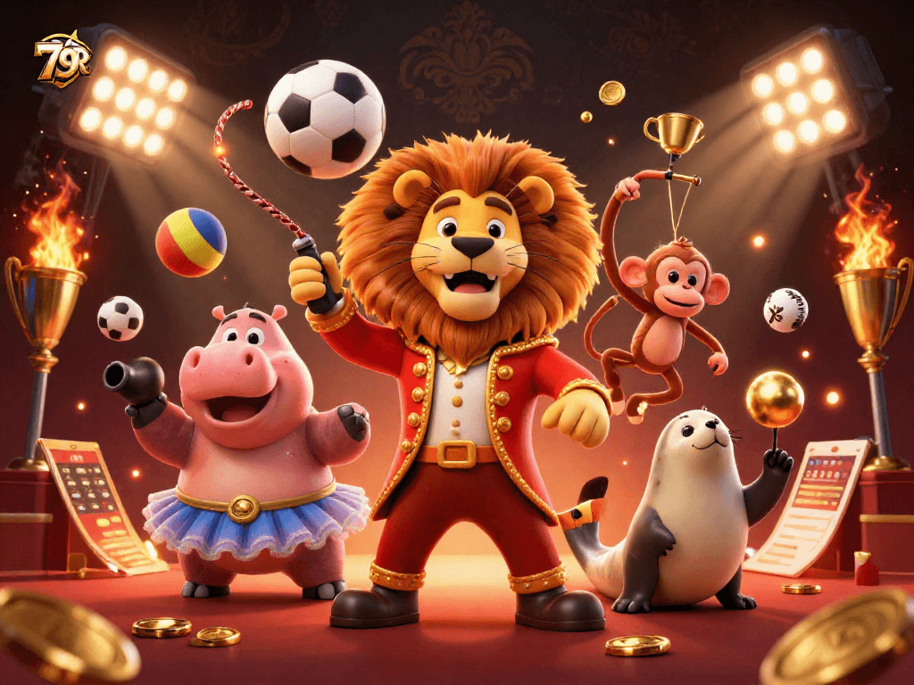 Atraia grandes prêmios no cassino 79R com uma ilustrativa cena de circo e elementos de jogo vibrantes.