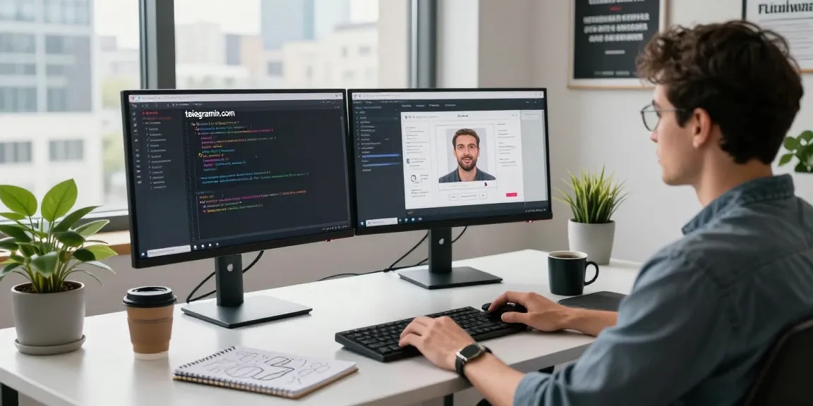 Developer coding at a modern workspace for teiegramin.com, showcasing productivity and technology.