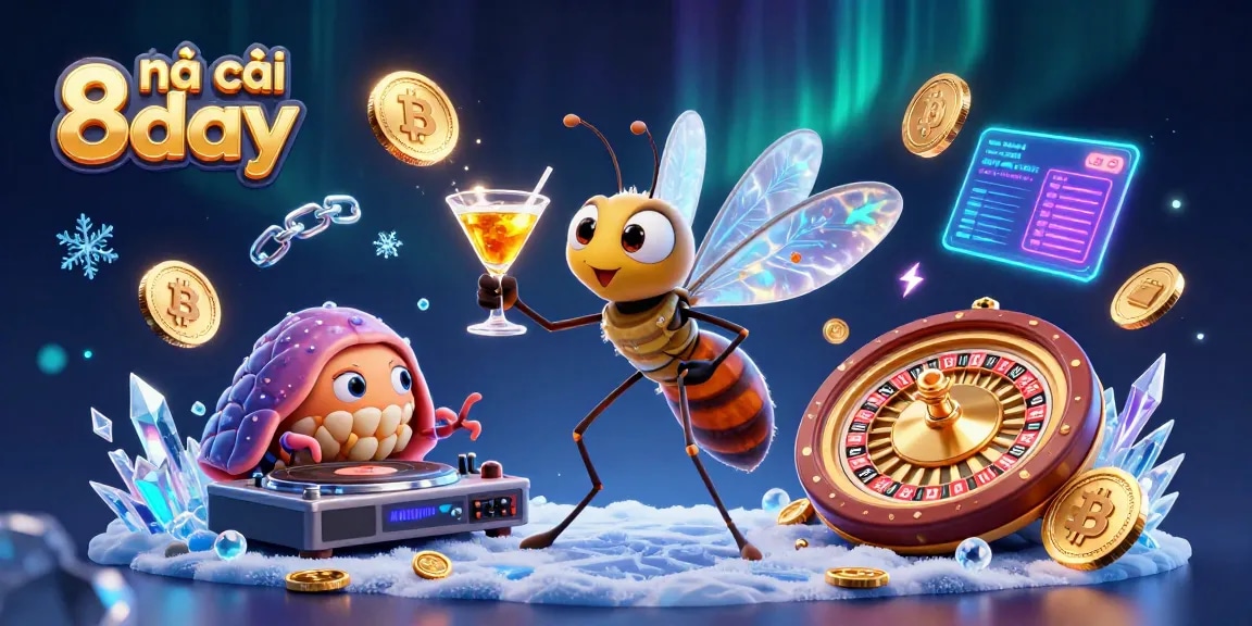 Join the excitement at nhà cái 8day with dynamic casino characters, crypto elements, and vibrant gaming atmosphere.