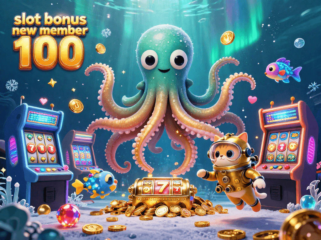 Play thrilling games with slot bonus new member 100 featuring a kraken and diving cat immersed in a vibrant casino world.