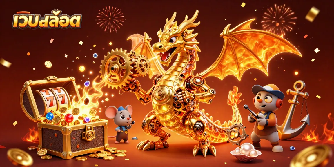 Experience เว็บสล็อต excitement with a golden dragon amidst animated slot reels and treasure gems.