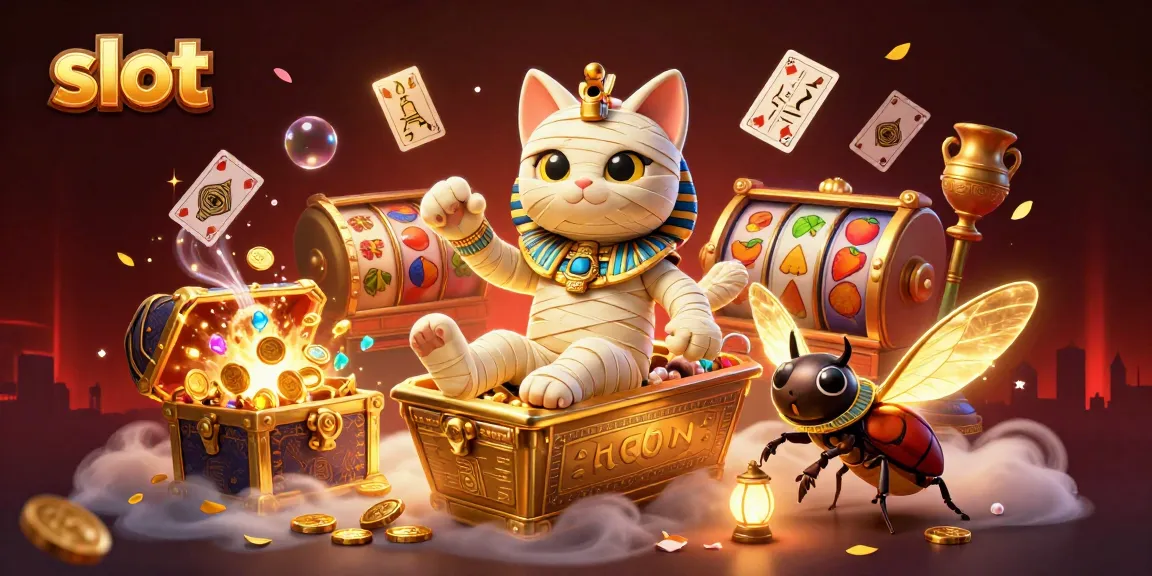 Spin slot reels with an Egyptian mummy cat and scarab beetle in a vibrant casino scene.