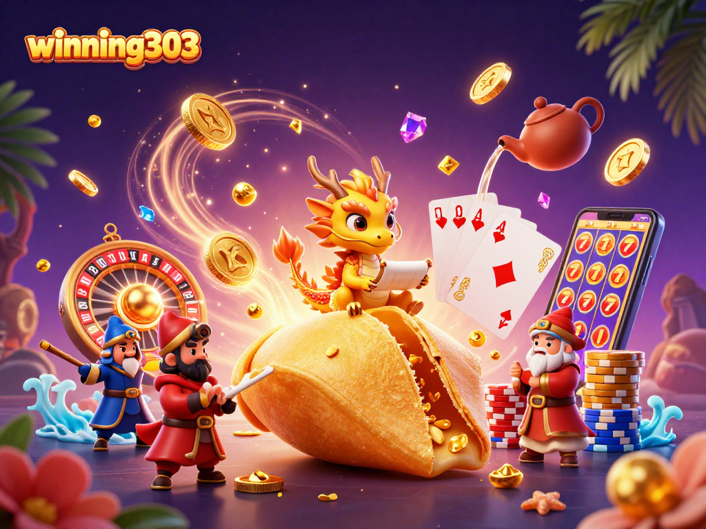 winning303 brings luck and excitement to gamblers with a dynamic illustration of casino elements.