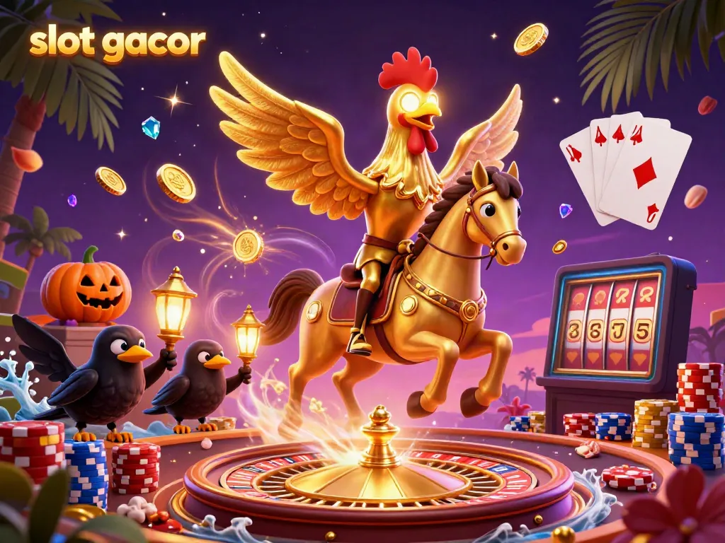 Engage with slot gacor in a vibrant casino scene featuring a golden rooster, glowing treasures, and action-packed game elements.