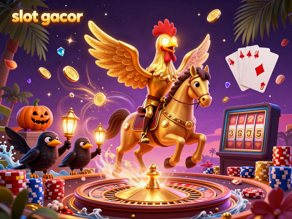Engage with slot gacor in a vibrant casino scene featuring a golden rooster, glowing treasures, and action-packed game elements.