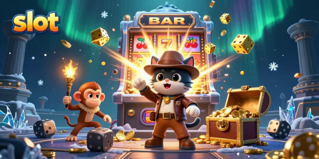 Experience thrilling slot action with a cartoon explorer and treasures in a vibrant casino world.