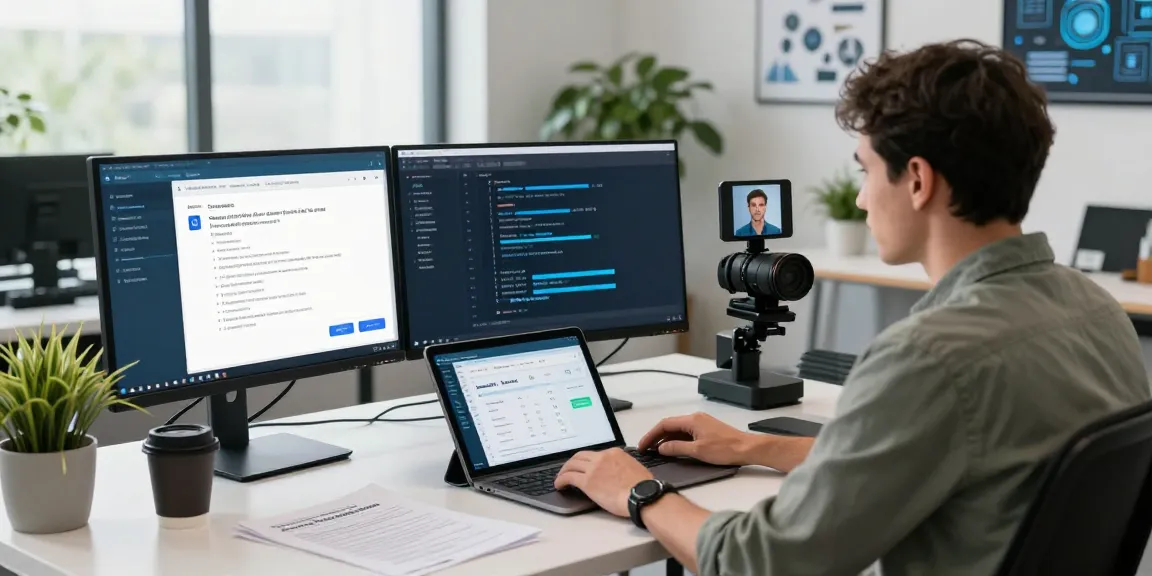 Expert developer working on an age verification system interface in a modern office.