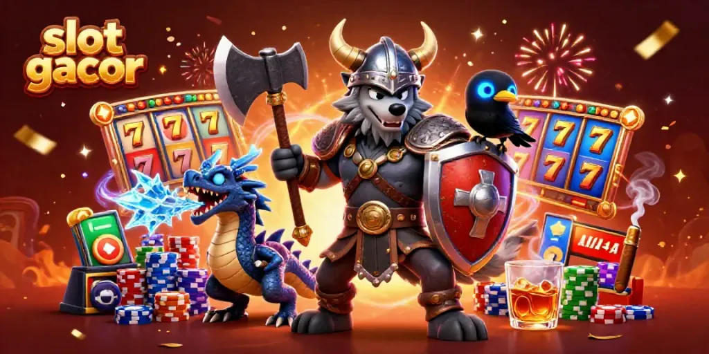 Engage with slot gacor featuring a Viking wolf warrior, dragon, and poker elements in an epic casino scene