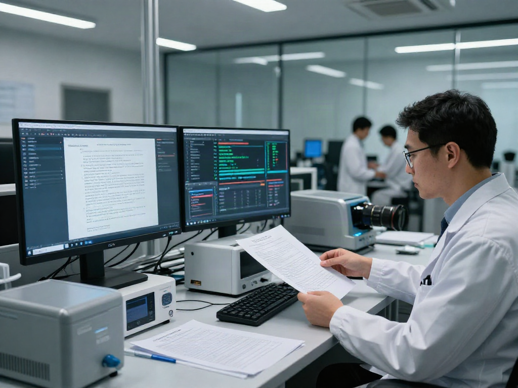Document fraud detection solution analysis in a high-tech lab with specialists examining digital documents.
