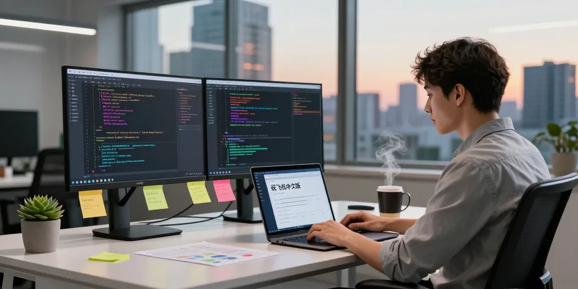 Developer coding on 纸飞机中文版 in a modern workspace with vibrant monitors and city view.