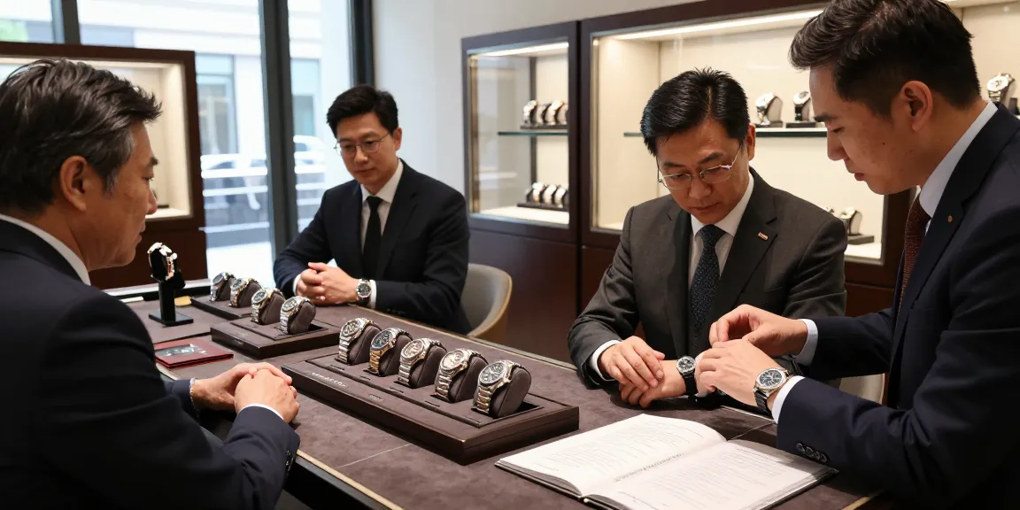 Showcase of luxury replica watches with a sales consultant assisting a customer.