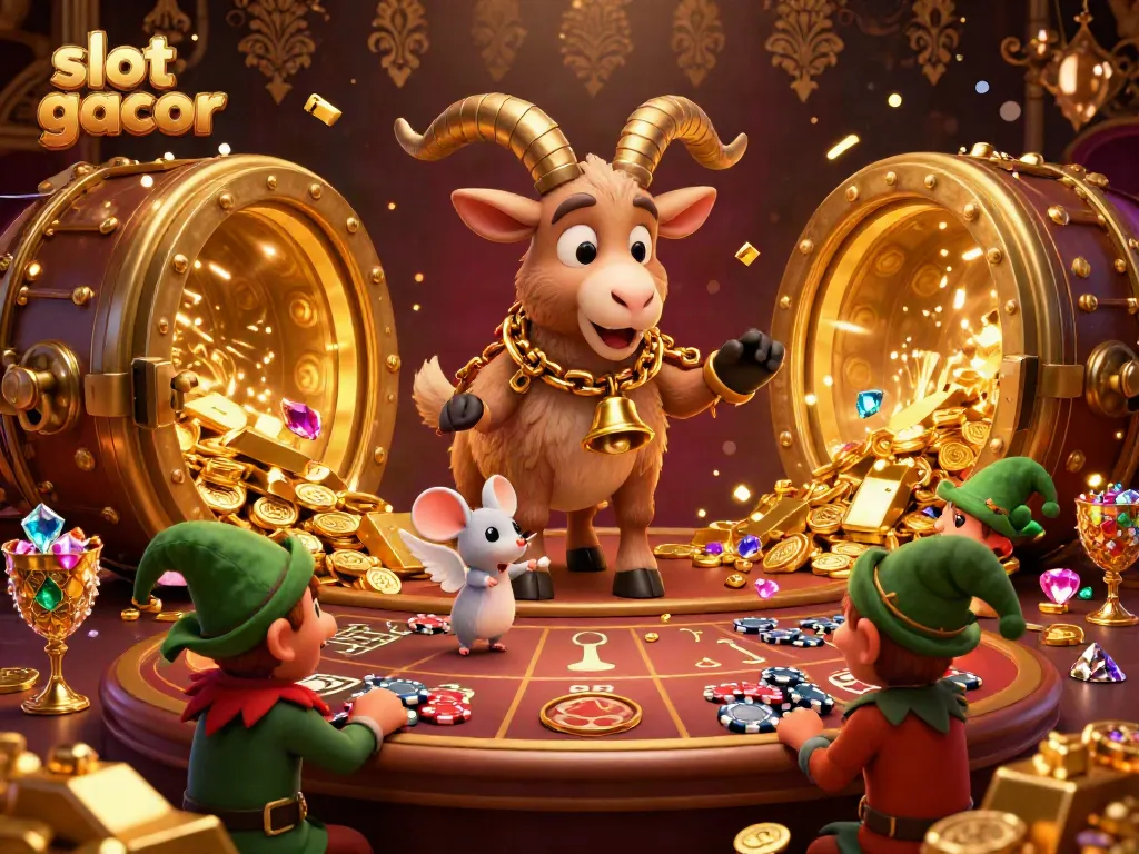 Experience the thrill of slot gacor in a festive casino with lively characters and vibrant treasures.
