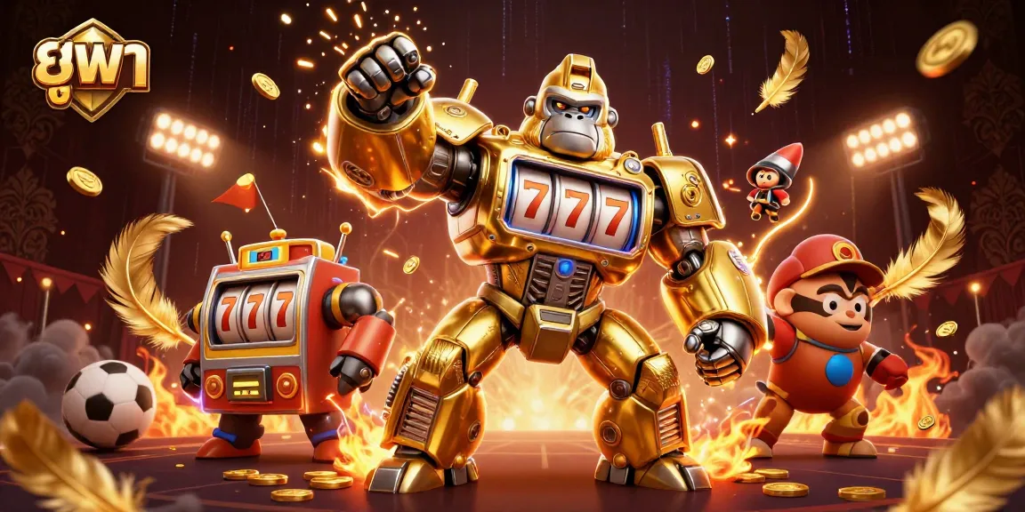 Engage in action with ยูฟ่า as a golden gorilla mech bursts through, spreading gold coins and excitement!