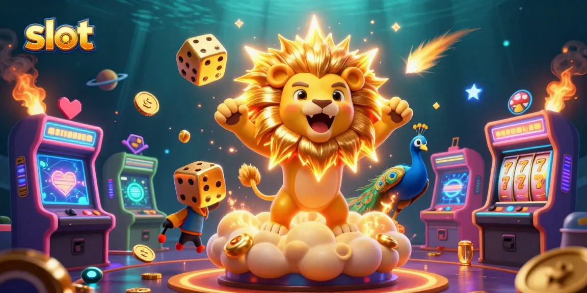 Slot yang menarik dengan singa kartun, dadu emas, dan mesin permainan di latar belakang