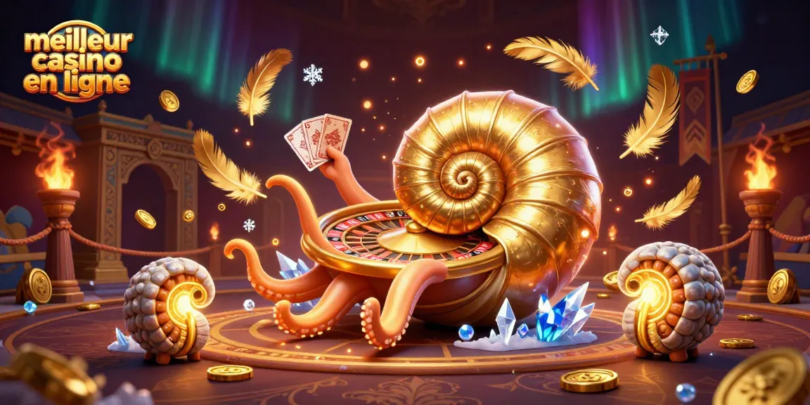 Visitez le meilleur casino en ligne avec un nautilus géant jonglant avec des cartes et des pièces d'or scintillantes.