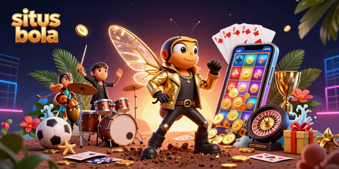 Sit in a vibrant, action-packed scene of situs bola with a rock star cicada and sports betting elements