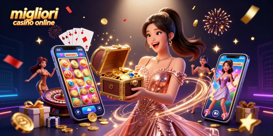 Partecipa all'azione emozionante nei migliori casino online con una gioiosa donna asiatica che presenta tesori.