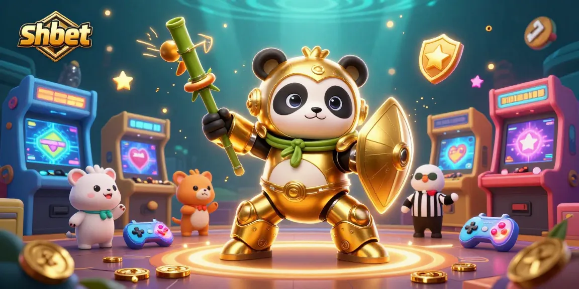 Engage with shbet's vibrant 3D casino scene featuring a golden panda in a mech-suit.