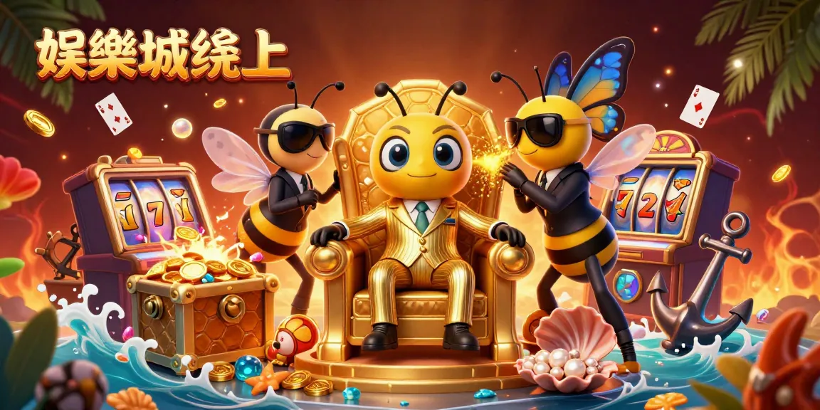 在娛樂城線上,3D動漫蜜蜂老闆及保鏢環繞著百萬獎金與榮耀,賭場氛圍濃厚。